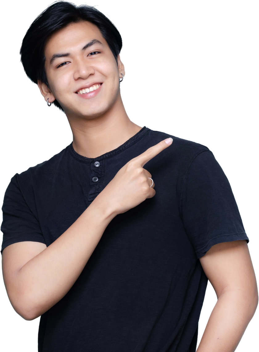 Asian smart young man posture hand pointing finger.