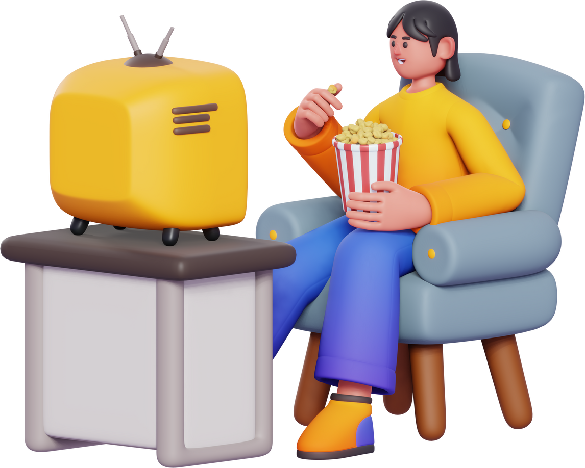 3D Character Woman Watching TV Movie with Popcorn Activity